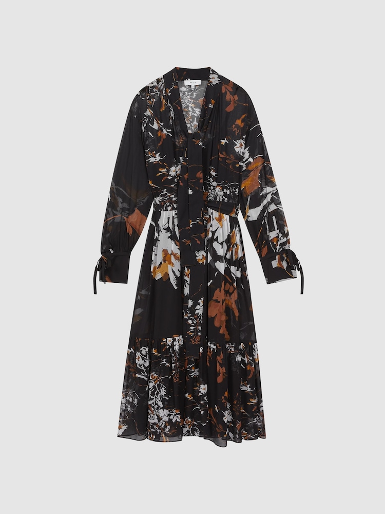 Reiss Black/Brown Charlotte Floral Neck Tie Midi Dress - Image 2 of 6