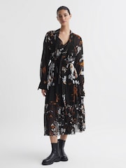 Reiss Black/Brown Charlotte Floral Neck Tie Midi Dress - Image 6 of 6