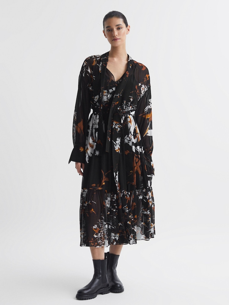 Reiss Black/Brown Charlotte Floral Neck Tie Midi Dress - Image 6 of 6