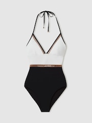 Reiss White/Tan Ray Colourblock Halter Swimsuit - Image 2 of 5