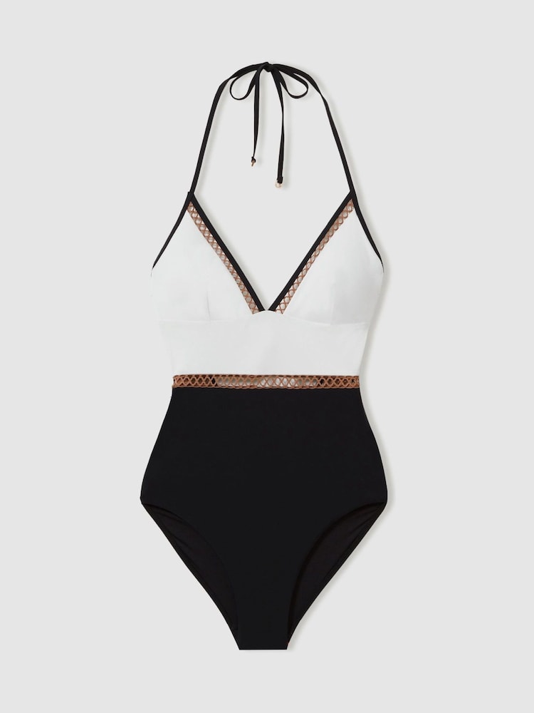Reiss White/Tan Ray Colourblock Halter Swimsuit - Image 2 of 5