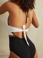Reiss White/Tan Ray Colourblock Halter Swimsuit - Image 4 of 5