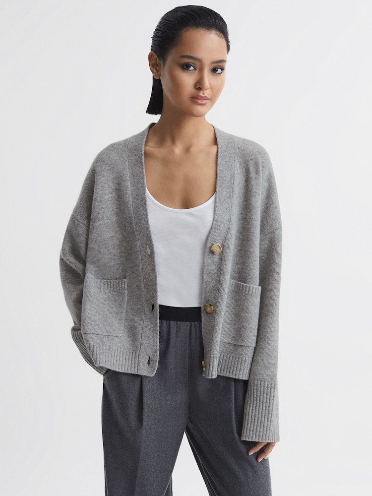 Reiss Grey Marl Juni Relaxed Wool-Cashmere Cardigan - Image 1 of 5 Reiss Grey Marl Juni Relaxed Wool-Cashmere Cardigan - Image 1 of 5