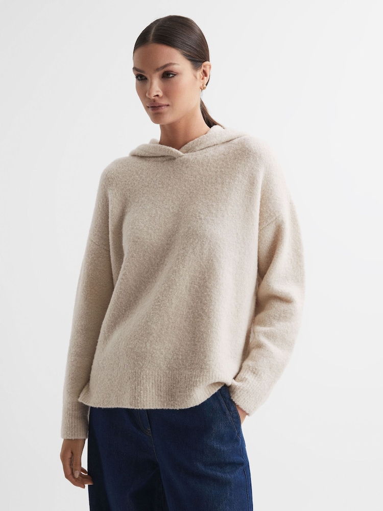 Reiss Neutral Ember Wool Blend Bouclé Hoodie - Image 1 of 5