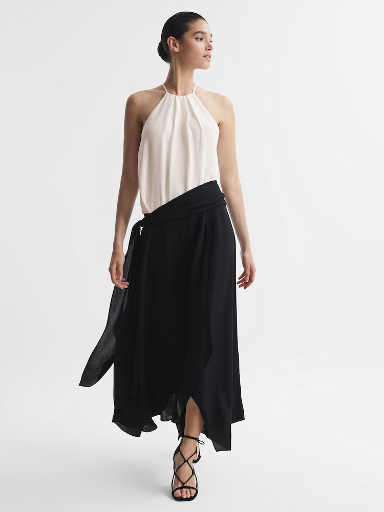Reiss Cream/Black Natalia Asymmetric Belted Wrap Midi Dress - Image 1 of 5