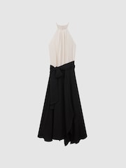 Reiss Cream/Black Natalia Asymmetric Belted Wrap Midi Dress - Image 2 of 5