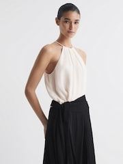 Reiss Cream/Black Natalia Asymmetric Belted Wrap Midi Dress - Image 3 of 5