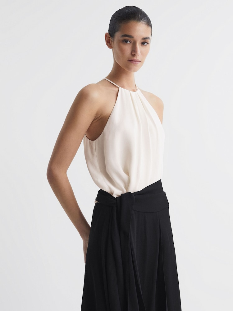 Reiss Cream/Black Natalia Asymmetric Belted Wrap Midi Dress - Image 3 of 5