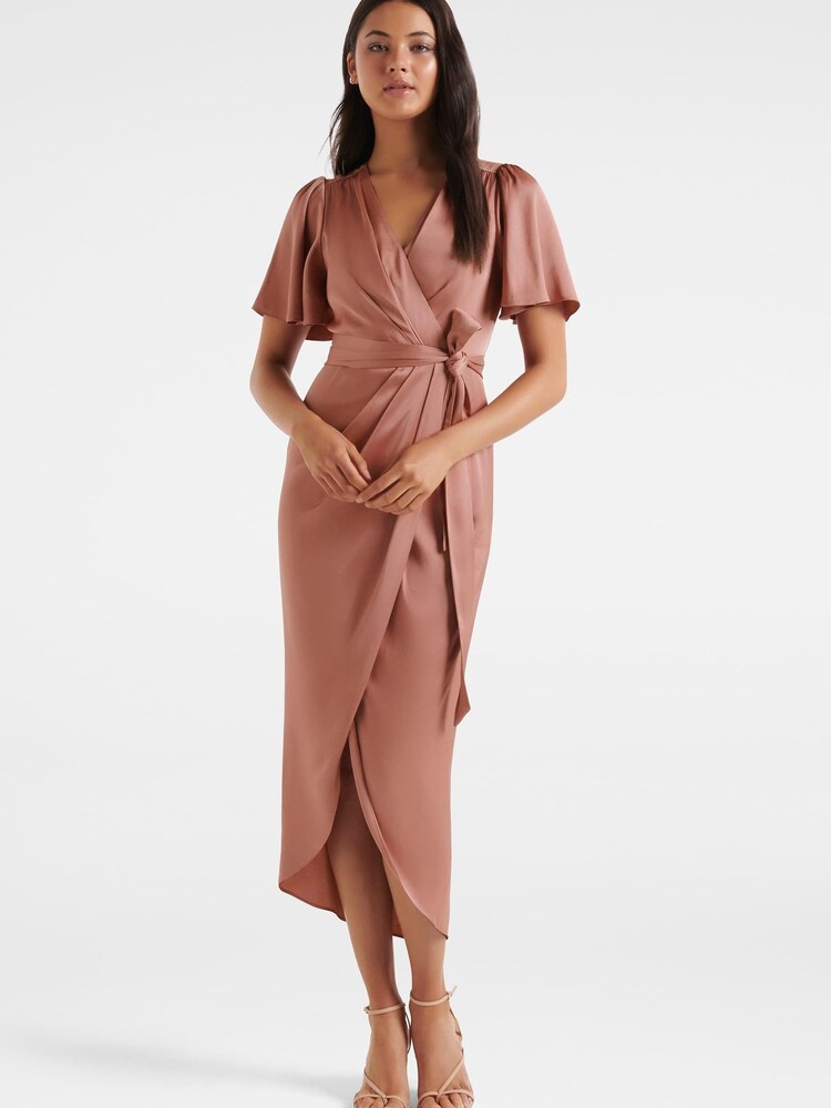 Forever New Pink Carolina Satin Flutter Sleeve Midi Dress - Image 1 of 1