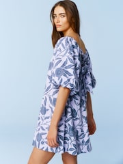 Morris & Co. Lilac/Blue Fruit Linen Blend Puff Sleeve Mini Dress - Image 1 of 6