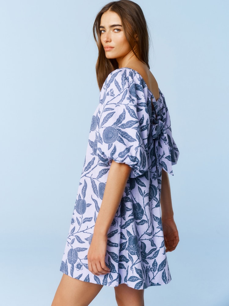 Morris & Co. Lilac/Blue Fruit Linen Blend Puff Sleeve Mini Dress - Image 1 of 6