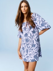 Morris & Co. Lilac/Blue Fruit Linen Blend Puff Sleeve Mini Dress - Image 3 of 6