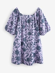 Morris & Co. Lilac/Blue Fruit Linen Blend Puff Sleeve Mini Dress - Image 5 of 6