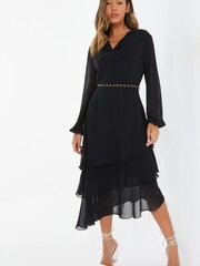 Quiz Black Chiffon Cowl Neck Long Sleeve Tiered Black Dress - Image 1 of 4