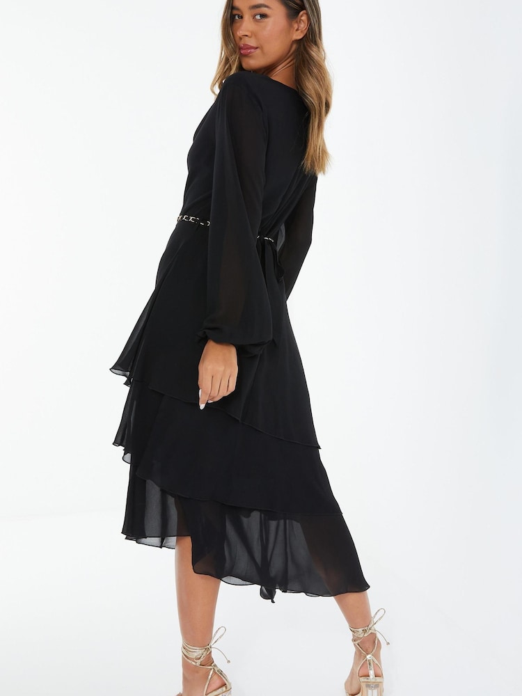Quiz Black Chiffon Cowl Neck Long Sleeve Tiered Black Dress - Image 2 of 4 Quiz Black Chiffon Cowl Neck Long Sleeve Tiered Black Dress - Image 2 of 4