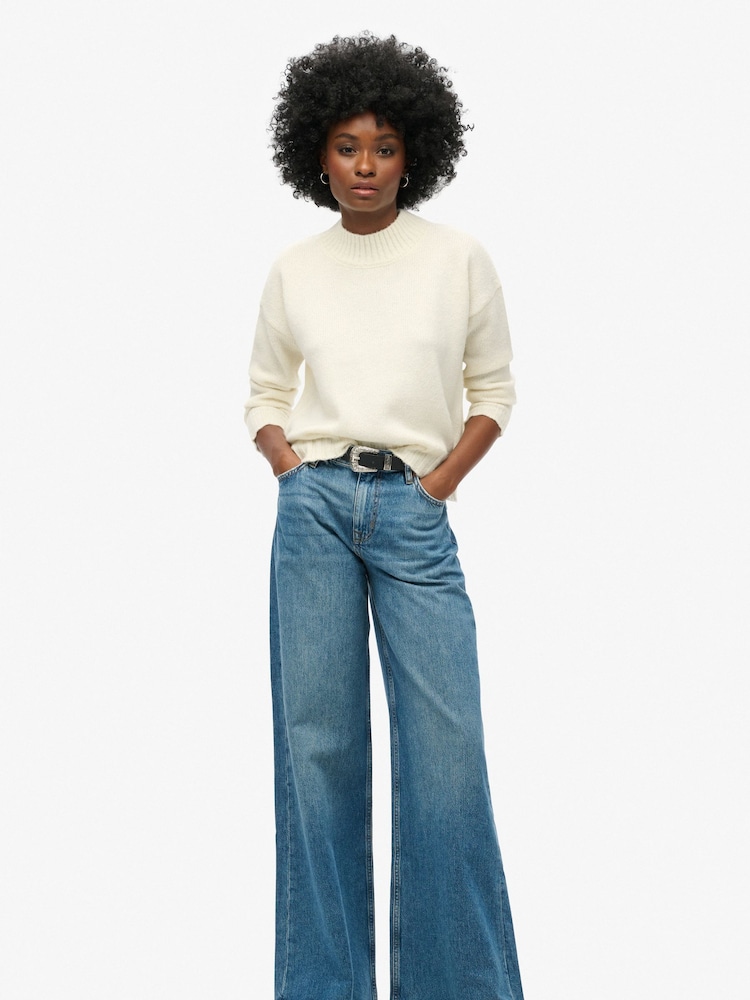 Superdry Blue Raw Hem Wide Leg Flare 100% Cotton Jeans - Image 1 of 7 Superdry Blue Raw Hem Wide Leg Flare 100% Cotton Jeans - Image 1 of 7