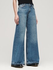 Superdry Blue Raw Hem Wide Leg Flare 100% Cotton Jeans - Image 9 of 10