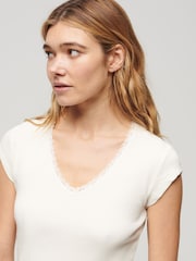 Superdry 100% Cotton Esențiale Lace Trim Decolteu în V Tricou - Imaginea 3 din 6