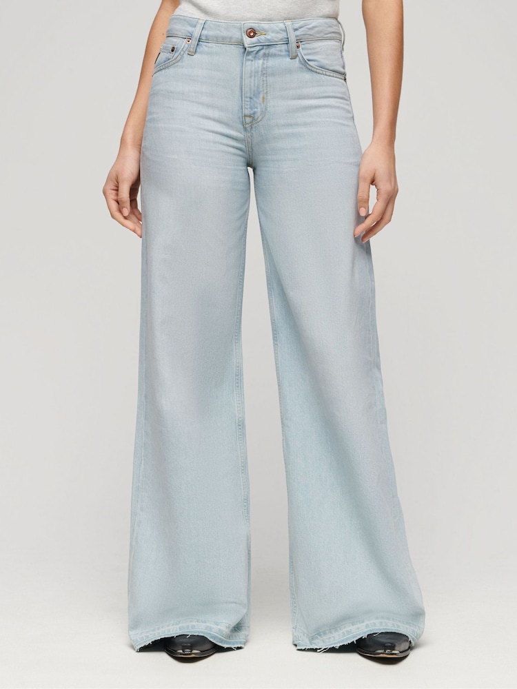 Superdry Blue Raw Hem Wide Leg Flare Jeans - Image 1 of 7