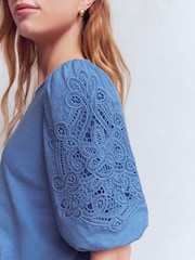 Boden Blue Cutwork Detail Jersey Top - Image 2 of 2