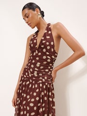 Lipsy Brown Petite Spot Halter V-Neck Fit And Flare Maxi Dress - Image 3 of 6