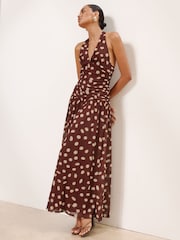 Lipsy Brown Spot Halter V-Neck Fit And Flare Maxi Dress - Image 4 of 6
