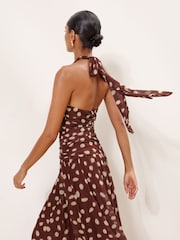 Lipsy Brown Spot Halter V-Neck Fit And Flare Maxi Dress - Image 5 of 6