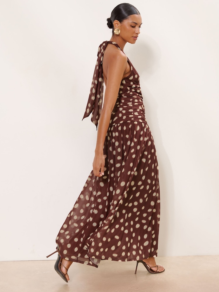 Lipsy Brown Spot Halter V-Neck Fit And Flare Maxi Dress - Image 6 of 6 Lipsy Brown Spot Halter V-Neck Fit And Flare Maxi Dress - Image 6 of 6