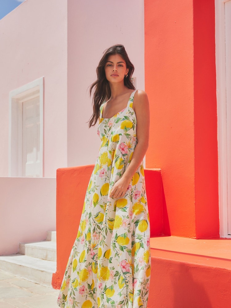 Cream Lemon Print Maxi Summer Dress - Image 1 of 8