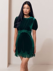 Green Velvet Lace Trim Short Sleeve Mini Dress - Image 1 of 5