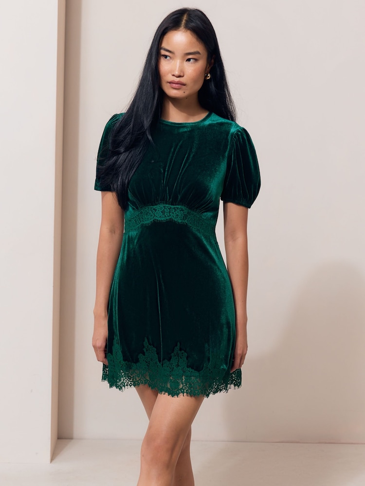 Green Velvet Lace Trim Short Sleeve Mini Dress - Image 1 of 5