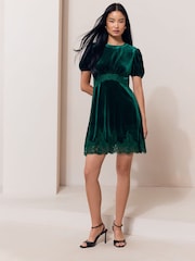 Green Velvet Lace Trim Short Sleeve Mini Dress - Image 2 of 5