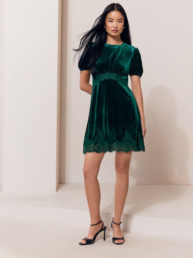 Green Velvet Lace Trim Short Sleeve Mini Dress - Image 2 of 5