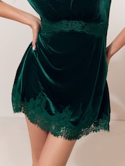 Green Velvet Lace Trim Short Sleeve Mini Dress - Image 4 of 5