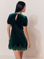 Green Velvet Lace Trim Short Sleeve Mini Dress - Image 5 of 5
