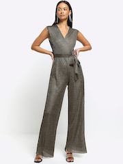 River Island Natural Metallic Wrap Plisse Jumpsuit - Image 1 of 2