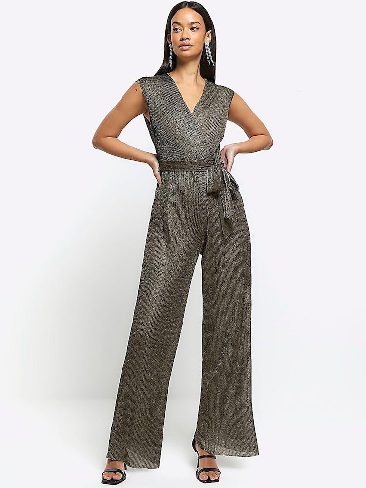 River Island Natural Metallic Wrap Plisse Jumpsuit - Image 1 of 2