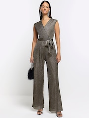 River Island Natural Metallic Wrap Plisse Jumpsuit - Image 2 of 2