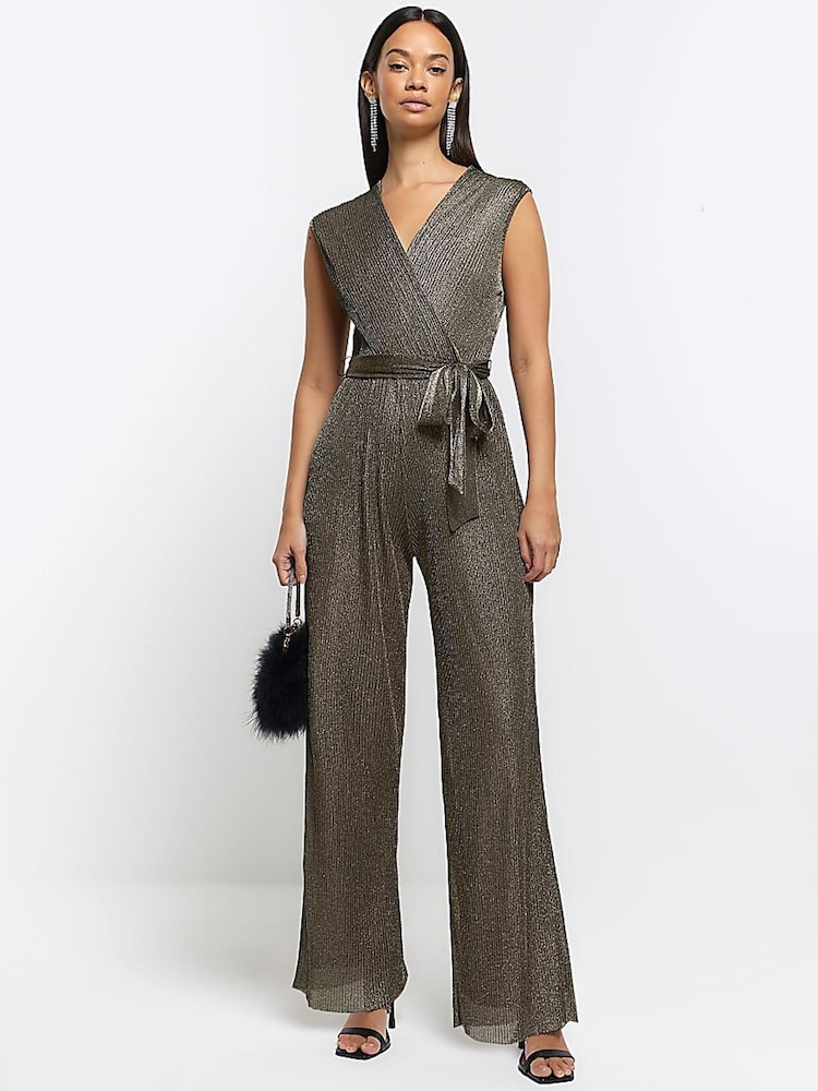 River Island Natural Metallic Wrap Plisse Jumpsuit - Image 2 of 2