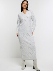 River Island Grey Diamante Jumper Midi Dress - Image 1 of 6
