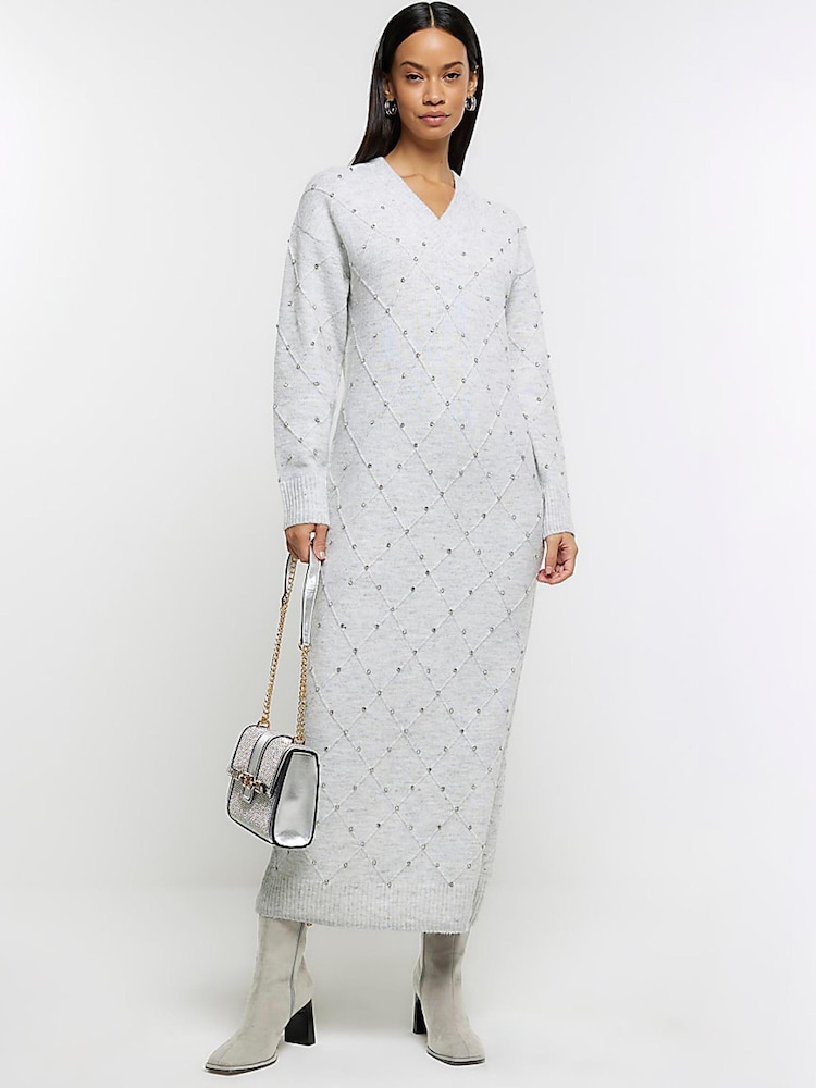 River Island Grey Diamante Jumper Midi Dress - Image 3 of 6