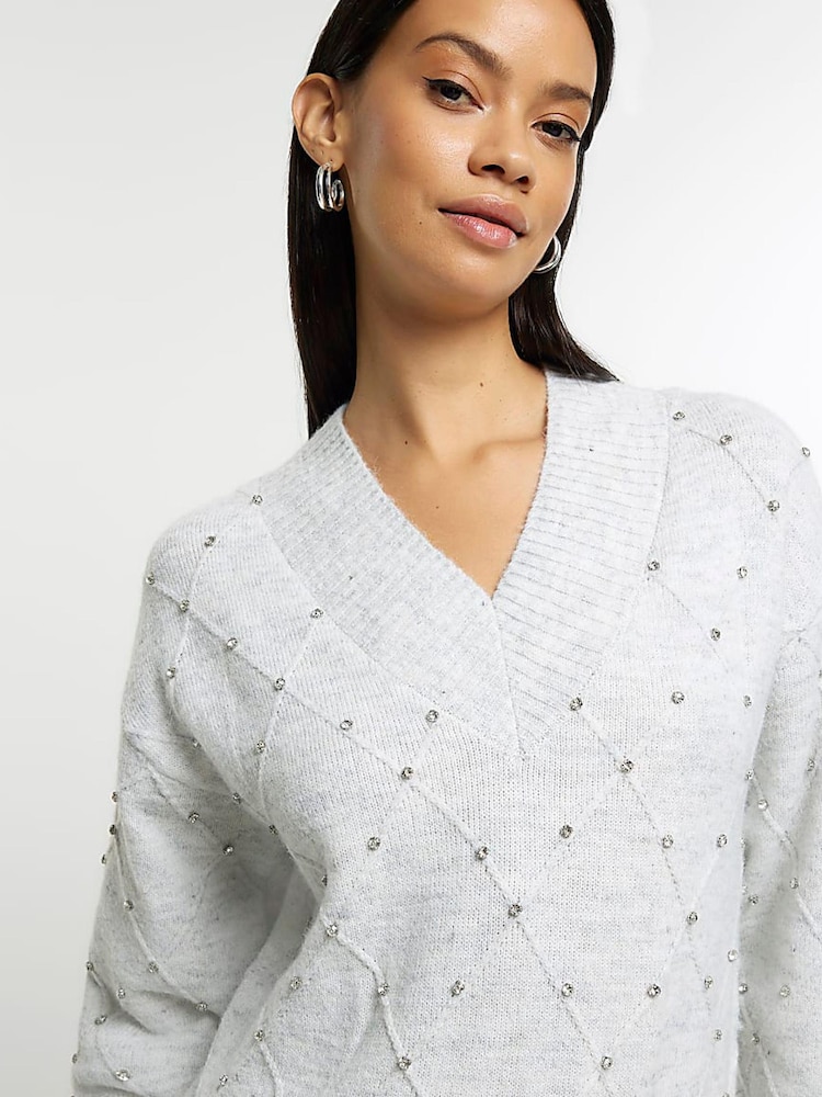 River Island Grey Diamante Jumper Midi Dress - Image 4 of 6