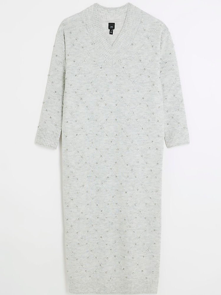 River Island Grey Diamante Jumper Midi Dress - Image 5 of 6