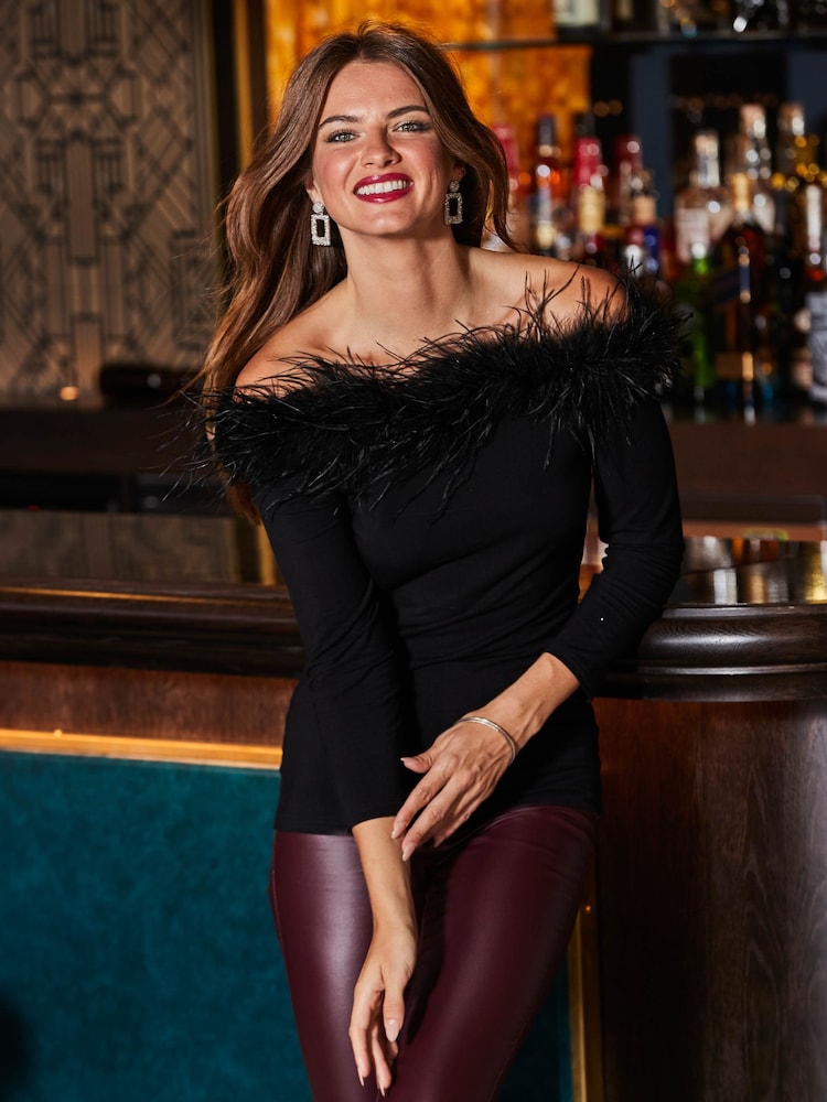 Black Petite Feather Trim Bardot Top - Image 1 of 3