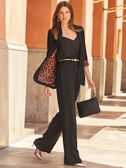 Sosandar Black Petite Leopard Print High Waisted Wide Leg Trousers - Image 1 of 5