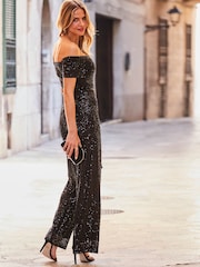 Sosandar Black Petite Sequin Bardot Jumpsuit - Image 2 of 5