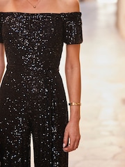 Sosandar Black Petite Sequin Bardot Jumpsuit - Image 5 of 5