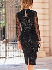 Sosandar Black Petite Sequin High Neck Keyhole Midi Pencil Dress - Image 2 of 5