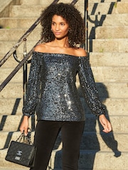 Sosandar Grey Petite Sequin Bardot Long Sleeve Top - Image 3 of 5