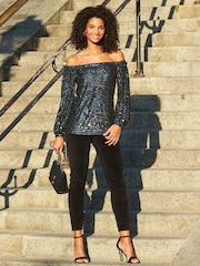 Sosandar Grey Petite Sequin Bardot Long Sleeve Top - Image 4 of 5